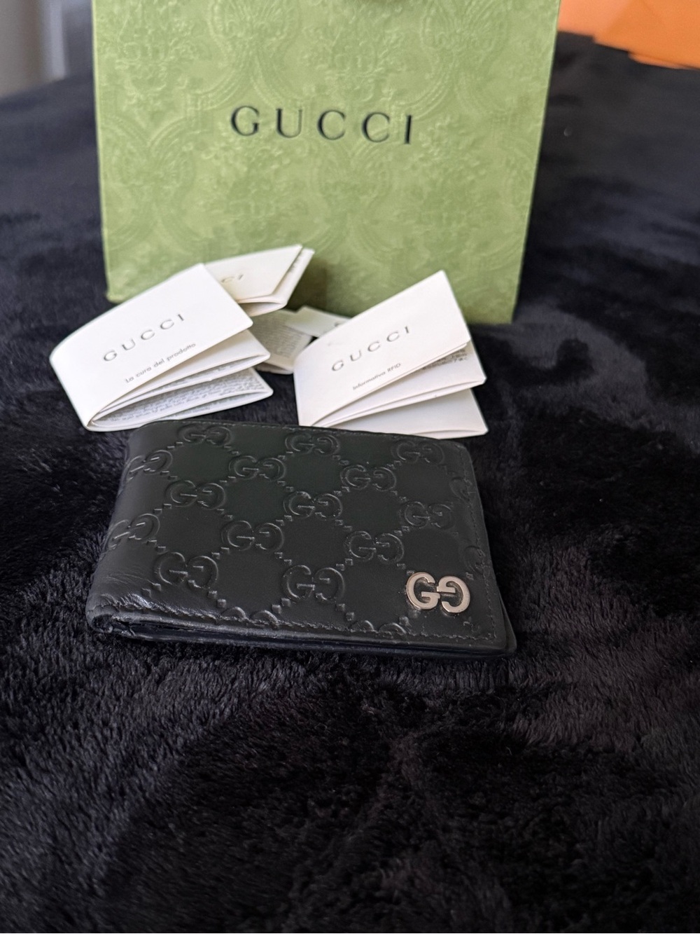 Gucci Black GG Embossed Leather Bi-Fold Wallet with Silver Double G